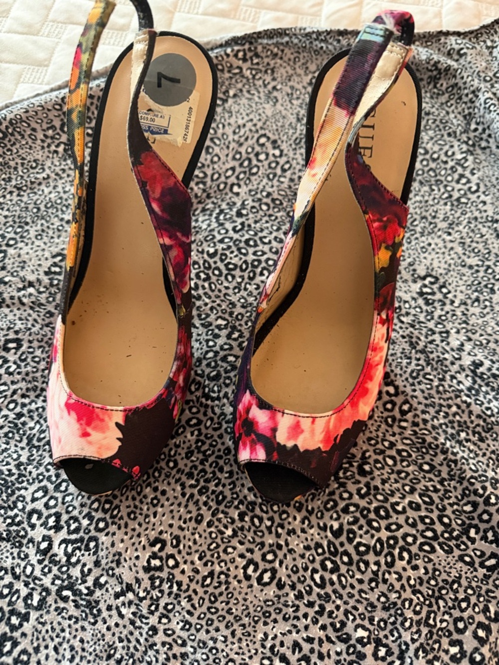 Guess Floral Slingback Peep-Toe Heels - Pink, Black, Yellow